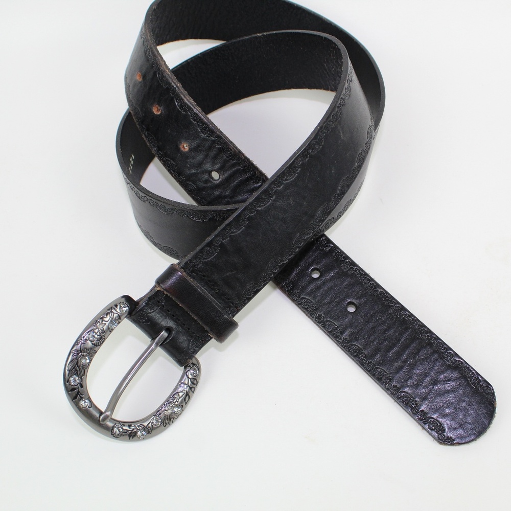 Fossil Black Leather Women Large Belt Black Flower